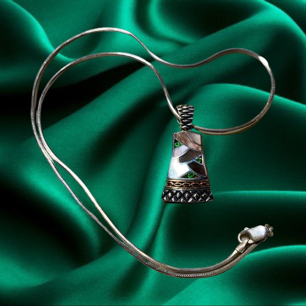Bagley & Hotchkiss Sterling Silver & 18k Gold B/W MOP Tsavorite Necklace 18”